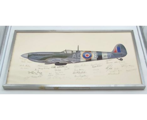 BATTLE OF BRITAIN RAF SPITFIRE PRINT SIGNED BY THIRTY-FIVE PILOTSACCEPTABLE CONDITION