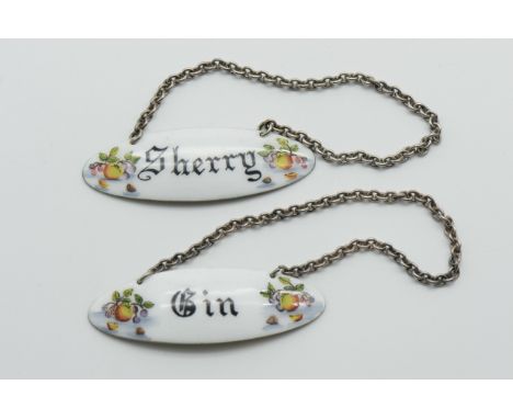 PAIR OF HALLMARKED SILVER AND ENAMEL DECANTER LABELS (SHERRY &amp; GIN)