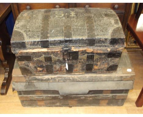 A 19th century travelling trunk, with stud work decoration, 69 cm wide, and another trunk (2)