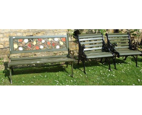 A painted garden bench, and two garden chairs (3)