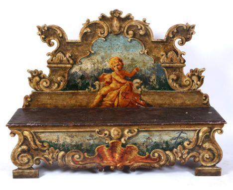 A pair of 18th century style Venetian painted benches, the shaped backs and box seat decorated cherubs and Rococo scrolls, 16