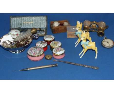 A Crummles Flower Fairies limited edition enamel box, four others similar, watches, spoons and other items (qty)