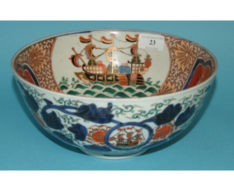 A 19th century Japanese Imari Dutch Ship bowl, decorated in typical enamel colours, 24 cm diameter Condition report Report by