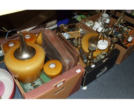 Assorted wood carvings, metalwares, collectors' and other plates, ceramics, glass, light fittings, a baby walker, and other i