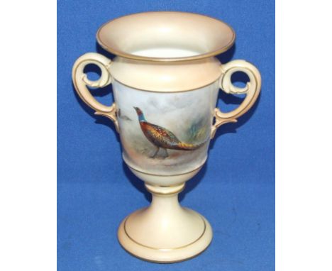 A Graingers Worcester porcelain two handled vase, decorated pheasants, signed Jas Stinton, 914, 18 cm high Condition report R