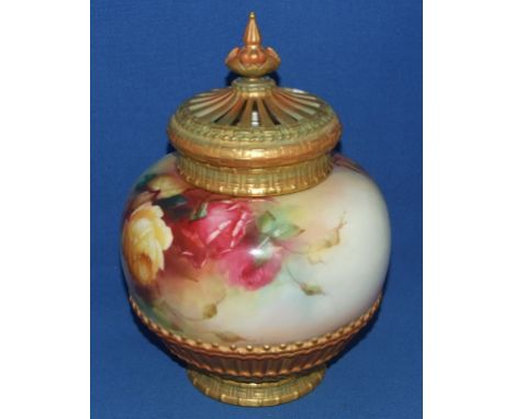 A Royal Worcester porcelain pot pourri vase and cover, painted roses, signed C V White, with gilt decoration, (cover a.f.) 28