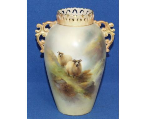 A Royal Worcester porcelain vase, decorated sheep, signed H Davis, 707, (restored) 13.5 cm high Condition report Report by NG