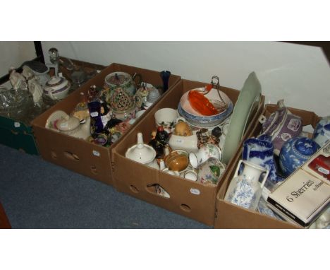 A large willow pattern meat plate, other ceramics, glass, tea caddy and other items (11 boxes)