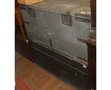 A painted pine travelling trunk, 108 cm wide, and another similar (2)