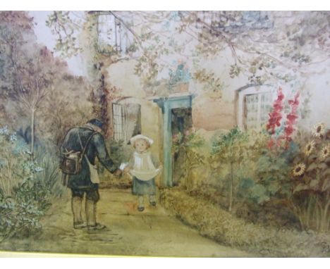 English school, a girl and a postman outside a cottage, watercolour, monogrammed, 19.5 x 26.5 cm, four other similar watercol
