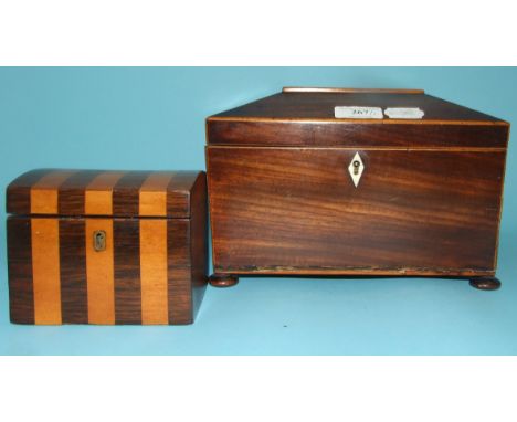 A mahogany tea caddy, of sarcophagus form, 24.5 cm wide, and another, 12 cm wide (2)