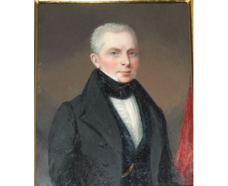 A 19th century half length portrait miniature, of a gentleman wearing a cravat, watercolour on ivory, signed T Carlyle and da