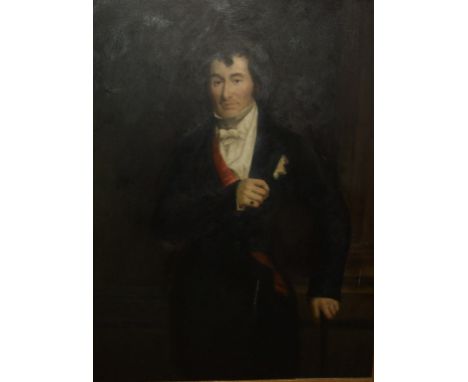 A half length portrait, of a gentleman, standing by a pillar, oil on canvas, 120 x 90 cm