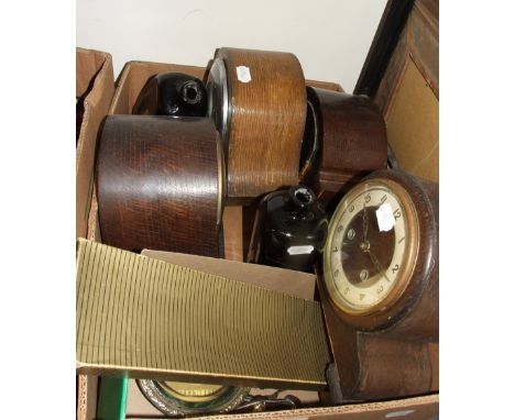 Four oak mantel clocks, two pictures, silver plate and other items (qty)