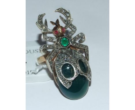 A 9ct gold, jade, emerald and diamond bug ring