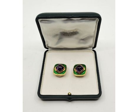 A pair of bespoke and signed De Vroomen precious yellow metal, green guilloche enamel and amethyst clip earrings, each of cus