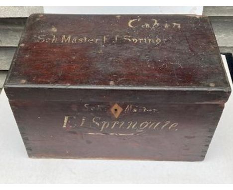 A 19th cent mahiogany School masters trunk retaining original painted detail&nbsp;