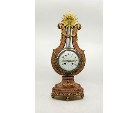 A French Louis XVI style ormolu mounted rose pink marble 8-day 'Lyre' clock, by Causard, bell strike, with deferred overhead 