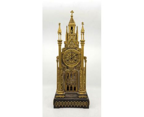 A late 19th century French ormolu and bronze Gothic Cathedral architectural mantel clock, bell strike, movement engraved "Ric