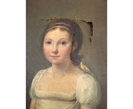 An early 19th cent  oil on canvas portrait of a girl, initialed lower left, 21.7 x 16.4cm, framed. (a/f)Large damaged area to