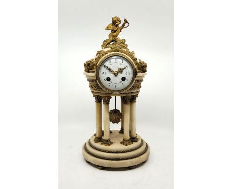 A Louis XVI style ormolu mounted "temple d'amour" alabaster mantel clock, having signed domed white enamel Arabic numeral dia