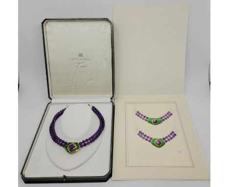 A bespoke and signed De Vroomen 18ct. yellow gold, green guilloche enamel and amethyst pendant necklace, having pentagonal fo
