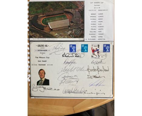 Celtic 1980 12 team squad players signed Cup Winners Cup match cover v Diosgyoeri Hungary. 20/8/80 Glasgow match day postmark