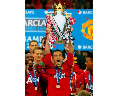 Robin Van Persie signed 12x8 inch colour photo pictured celebrating with the Premier League trophy during his playing days wi