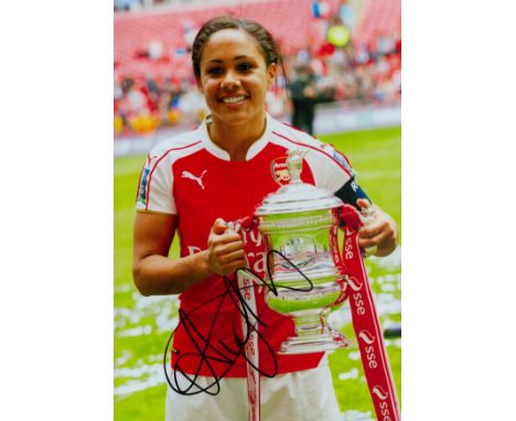 Alex Scott signed 12x8 inch colour photo pictured celebrating with the FA Cup during her playing days with Arsenal. Good cond