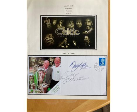 Celtic football legends Jimmy Johnstone and Danny McGrain signed 2001 Hall of Fame cover display. Set on descriptive A4 page 