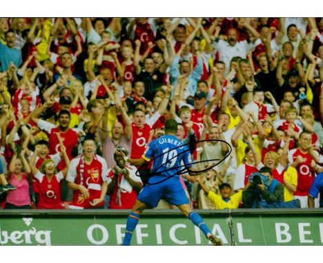 Gilberto Silva signed 12x8 inch colour photo pictured celebrating during his playing days with Arsenal. Good condition. All a