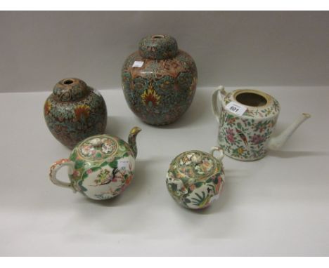 Chinese famille rose teapot (minus cover) together with another Chinese teapot and sucrier and two Chinese ginger jar type ta