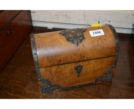 19th Century walnut metal mounted stationery box, a 19th Century mahogany writing slipe, parquetry inlaid tea caddy and work 