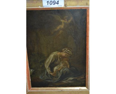 18th Century oil on copper panel, study of a mother and child with angel above, 7ins x 5ins