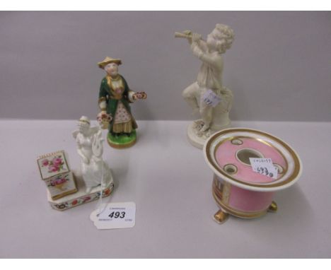 Derby bisque figure of a boy piper, inscribed 365 to base, 6.5ins high (restored), together with an English circular inkwell,