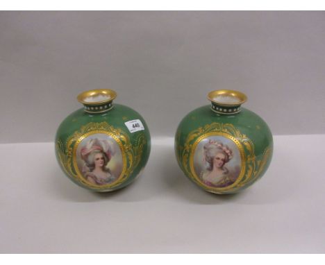 Pair of Bonn Germany oviform vases, each painted with a portrait of a lady wearing floral and feathered headdresses, signed D