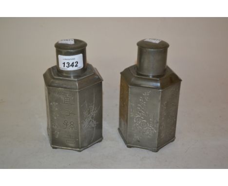 Pair of Chinese pewter hexagonal teapoys, signed with seal marks to base