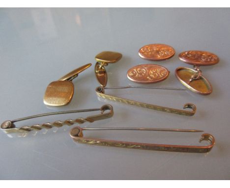 Pair of 9ct gold cufflinks, two gold tie pins, pair of plated cufflinks and a plated tie-pin