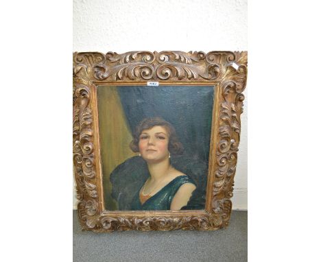 Modern British school, oil on canvas, head and shoulder portrait of a lady, 19ins x 16ins, housed in a gilt moulded ghesso fr
