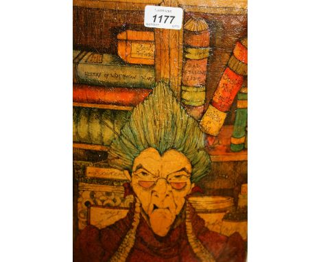 Rachel Laving, pen and watercolour illustration of a witch with spell books on a shelf with crackle glaze varnish finish, unf