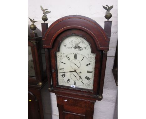 19th Century mahogany line inlaid longcase clock having painted arch top dial with Roman numerals, subsidiary seconds and dat