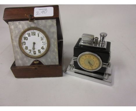 Ronson Art Deco Touch-Tip table lighter with integral clock together with a wooden cased travel clock