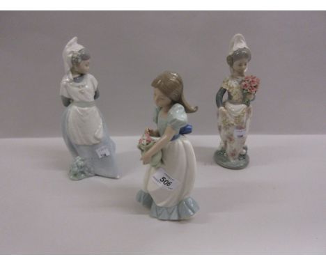 Lladro figure of a Spanish girl carrying a posy of carnations and two Nao figures of a girl with a vase of tulips and a Spani