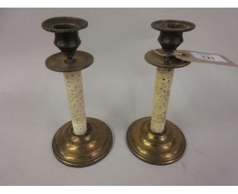 Pair of unusual 19th Century Chinese carved ivory and brass mounted candlesticks, 6.75ins high