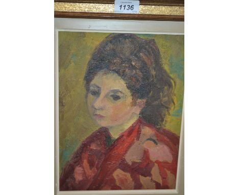 Oil on board, portrait of a lady in a red tunic, bearing Vente Aizipiri stamp verso, 11ins x 8ins