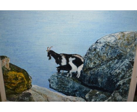 Group of three unframed oil on canvas, portrait landscape and goats on a cliff, 13ins to 16ins x 16ins to 21ins