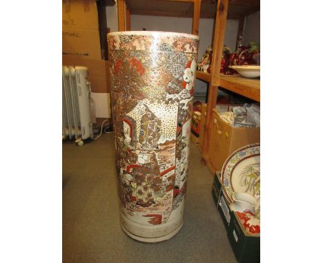 Late 19th Century Japanese earthenware cylindrical stick stand decorated with panels of figures and flowers on a beige ground