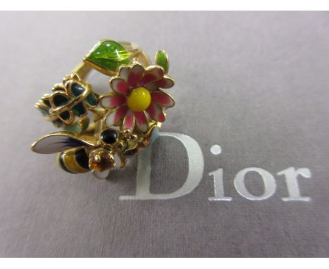 Dior Diorette 18ct yellow gold enamel decorated ring set single diamond and citrine formed as a bumble bee among flowers, wit