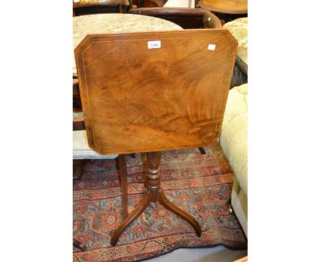 George III mahogany and boxwood line inlaid square tilt top occasional table on turned centre column and tripod support