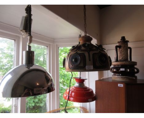 1960's Chrome hanging ceiling light, a similar red painted ceiling light, pottery ceiling shade and a large brown glazed two 